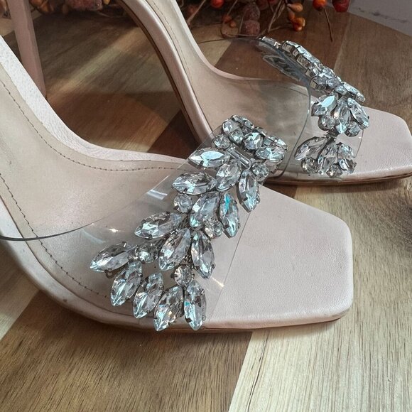 Schutz Vinyl Crystal-Embellished Stiletto Heel Sandal Sz 7.5B Mild Rose Ankle - Picture 4 of 14